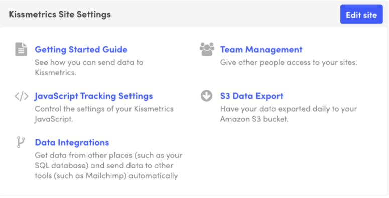 Site settings with API key, tracking code, and S3 export configuration